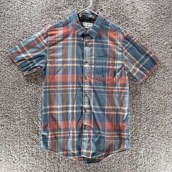 Billabong Tailored Fit Button Up Shirt Mens Small S Plaid Shirt Sleeve Stretch - Picture 1 of 12